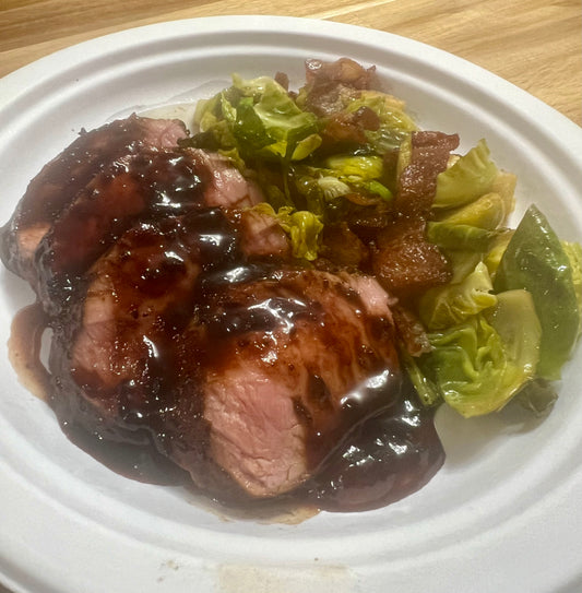 Recipe 1002 - Pork Tenderloin with Apricot Gastrique and Bacon, Balsamic Brussel Sprouts